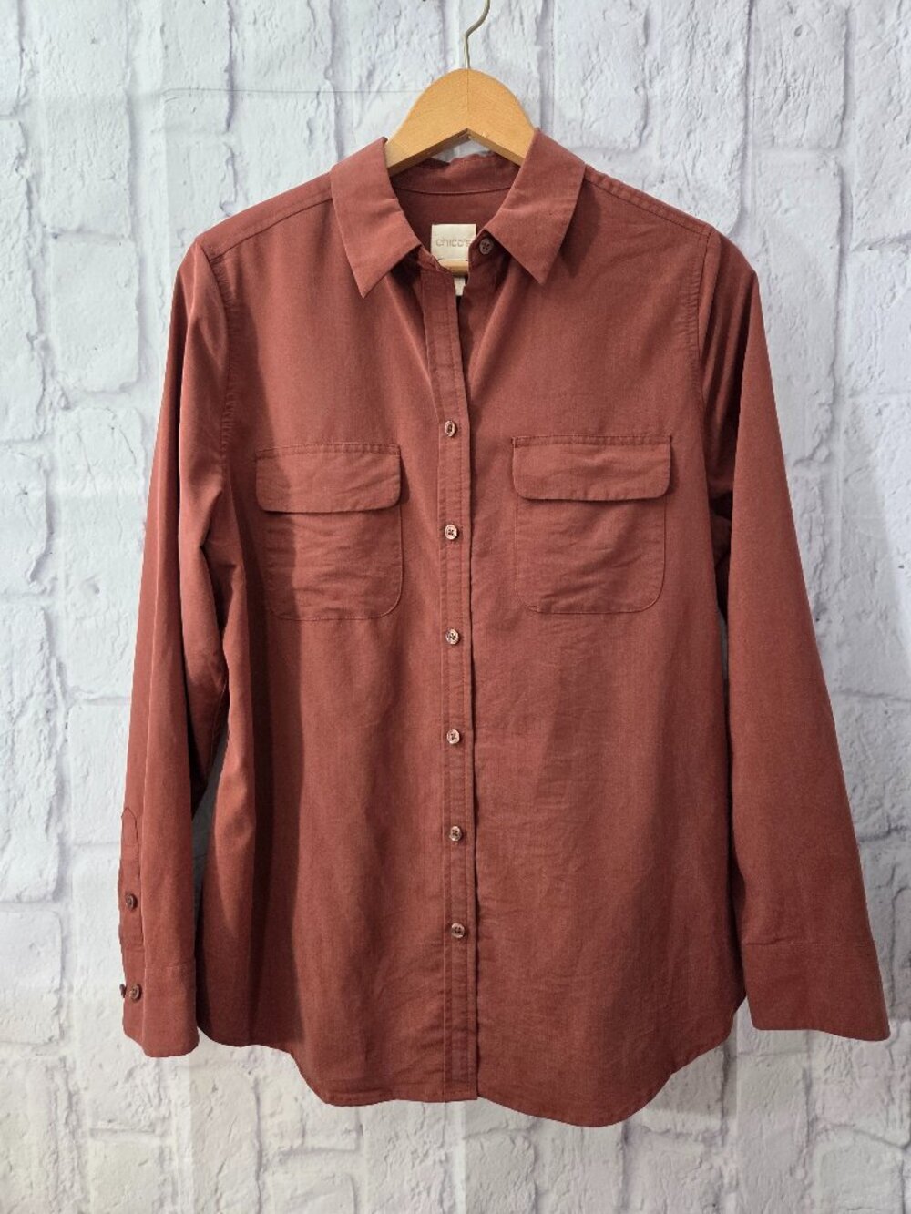 Chico's 1 Medium Coffee Brown Button Front Longsleeve Blouse Office Casual